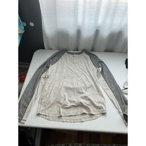 American Eagle Flex Henley Shirt Long Sleeve Gray Beige Classic Fit L